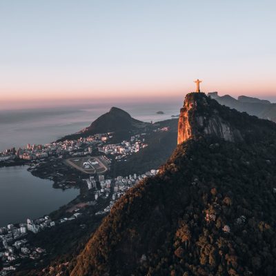 Aerial View of Christ de Redeemer Cristo Redentor during sunrise in Rio de Janeiro, Brazil. High quality photo