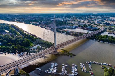 An aerial view of the Ada's bridge over Sava river. Belgrade, Serbia