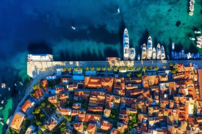 Dubrovnik, Croatia. Aerial view on the old town. Vacation and adventure. Town and sea. Top view from drone at on the old castle and azure sea. Travel - image