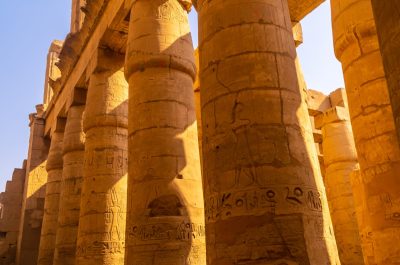 Columns with Egyptian drawings from the Temple of Karnak, the great sanctuary of Amun. Egypt