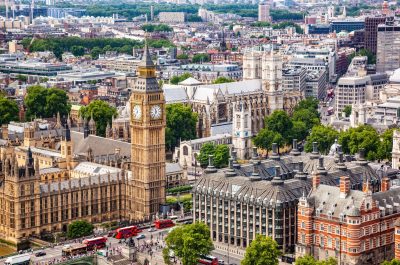 London aerial view of Big Ben and Westminster Abbey. City skyline