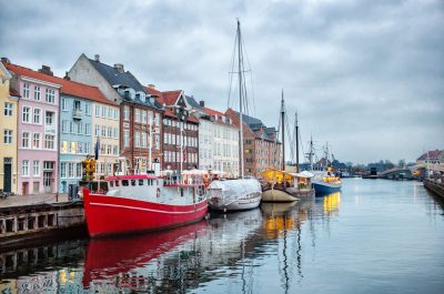 Night view of Nyhavn canal colorful houses