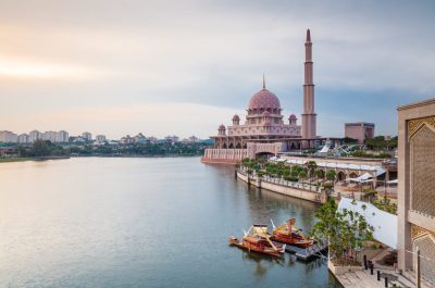 Beautiful pink Putra Mosque at sunset, Putrajaya, Malaysia