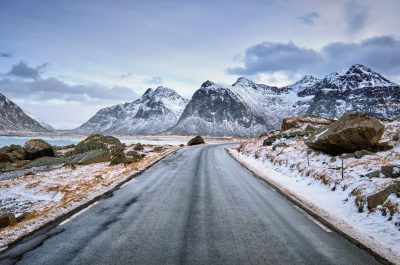 Road in Norwegian fjord. Lofoten islands, Norway