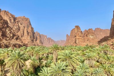 A stunning view of the Wadi Al Disah oasis in the Tabuk Province of Saudi Arabia.