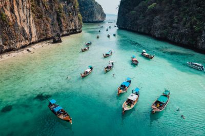 Travel by longtail boat in Phi Phi islands,in the summer on the island